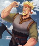  1boy absurdres aquiline_nose axe beard blonde_hair cowboy_shot daxratchet facial_hair forearms goatee grin headband highres holding holding_axe looking_ahead male_focus mature_male muscular muscular_male mustache outdoors red_headband redrawn sanpaku scar short_hair sky smile solo spiked_hair thick_eyebrows thorkell viking vinland_saga wrinkled_skin 