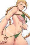  1girl ahoge bikini bikini_pull bikini_tug blonde_hair blue_eyes blush braid breasts cammy_white cleavage clothes_pull dracksart highres large_breasts long_hair navel one_eye_closed scar solo street_fighter sweat swimsuit tan tanlines thighs thong_bikini twin_braids 