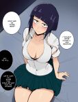  1girl audio_jack bangs black_eyes black_hair blush boku_no_hero_academia breasts cleavage closed_mouth commentary cowboy_shot diagonal_bangs embarrassed english_commentary english_text from_above furrowed_brow green_skirt jirou_kyouka kisou_(kisou00) long_earlobes looking_at_viewer medium_breasts miniskirt on_bed open_clothes open_shirt paid_reward_available pleated_skirt school_uniform shirt shirt_tucked_in short_hair sitting skirt solo speech_bubble sweatdrop thighs wavy_mouth white_shirt 