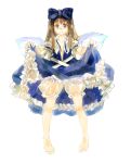  1girl bare_legs barefoot bloomers blue_bow blue_dress blue_ribbon blunt_bangs blush bow brown_eyes brown_hair closed_mouth clothes_lift commentary_request dress dress_lift fairy_wings full_body hair_bow hands_up konabetate lifted_by_self long_hair looking_at_viewer nose_blush open_clothes open_dress petticoat pigeon-toed pointy_ears puffy_short_sleeves puffy_sleeves ribbon see-through see-through_bloomers short_sleeves sidelocks simple_background smile solo split_mouth star_(symbol) star_print star_sapphire straight-on touhou underwear undone_neck_ribbon white_background wings 