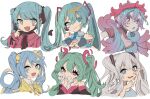  6+girls aqua_eyes aqua_hair black_mask black_ribbon blonde_hair blue_eyes blue_hair cardigan chimera_(vocaloid) collared_shirt copyright_request envelope extra_arms gradient_hair hair_ornament hair_ribbon hatsune_miku highres long_hair long_sleeves looking_at_viewer mask mask_pull mouth_mask multicolored_hair multiple_girls multiple_persona n_omi neck_ribbon open_mouth pink_eyes pink_hair pink_shirt ribbon shirt short_hair simple_background smile song_request star_(symbol) star_hair_ornament stitches streaked_hair twintails upper_body vampire_(vocaloid) very_long_hair vocaloid white_background white_hair white_shirt yellow_cardigan yellow_ribbon zombie_(vocaloid) 