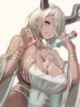  1girl azur_lane blonde_hair braid breasts cleavage dark-skinned_female dark_skin hair_over_one_eye highres horn_ornament horns huge_breasts large_horns long_hair looking_at_viewer mole mole_under_mouth official_alternate_costume one-piece_swimsuit one_eye_covered owari_(azur_lane) owari_(shimmering_forsythia)_(azur_lane) sagging_breasts simple_background smile solo suggestive_fluid swimsuit twin_braids upper_body valfer very_long_hair white_one-piece_swimsuit white_swimsuit yellow_eyes 