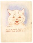  1920s ambiguous_gender black_and_white border chalk_(artwork) domestic_cat felid feline felis hi_res louis_wain mammal monochrome paper pen_(artwork) red_and_white signature simple_background smile solo text traditional_media_(artwork) whisker_spots whiskers white_background white_border 