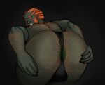  2d_(artwork) anal_hair anus anus_behind_thong back_hair big_butt body_hair butt butt_focus butt_hair clothed clothing ganondorf genitals gerudo green_body green_skin grin hair hairy hand_on_butt horkrugley humanoid humanoid_pointy_ears looking_back male nintendo orange_hair presenting presenting_anus presenting_hindquarters rear_view red_hair simple_background smile solo solo_focus the_legend_of_zelda thong twilight_princess underwear underwear_only 