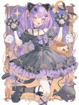  1girl animal_ears animal_hands bibi_(tokoyami_towa) black_choker black_dress black_footwear blush cat_ears cat_paws cat_tail choker dress fake_animal_ears fangs frilled_dress frills green_eyes hair_ornament hairpin heart heart_o-ring heart_tattoo highres hololive leg_tattoo long_hair looking_at_viewer o-ring o-ring_choker o-ring_thigh_strap pink_hair purple_eyes shoes smile tail tattoo thigh_strap tokoyami_towa virtual_youtuber winged_heart_tattoo yuzuriha_(nx_e78) 