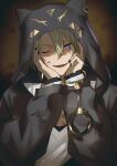  1boy animal_hood black_jacket black_nails blonde_hair cat_hood cuffs fang handcuffs hands_on_own_cheeks hands_on_own_face highres hood hood_up hooded_jacket jacket luca_kaneshiro luca_kaneshiro_(3rd_costume) male_focus nijisanji nijisanji_en one_eye_closed open_mouth purple_eyes skin_fang smile solo tsugu_(tsugu_823) virtual_youtuber 