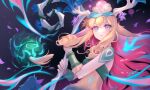  1girl absurdres animal_ears antlers bare_shoulders bird blonde_hair blue_eyes breasts closed_mouth colored_skin flower hair_between_eyes hair_flower hair_ornament highres holding holding_staff horse_ears league_of_legends lillia_(league_of_legends) long_hair multicolored_hair purple_flower shan_hai_scrolls_lillia solo staff taur xi_ye_(xiyexiexie) 