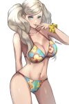  1girl arm_behind_back bikini blonde_hair breasts collarbone cowboy_shot floral_print floral_print_bikini green_eyes hand_up large_breasts long_hair looking_at_viewer navel parted_lips persona persona_5 pppppknw print_bikini scrunchie simple_background solo stomach swimsuit takamaki_anne twintails twitter_username very_long_hair white_background wrist_scrunchie 
