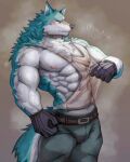  abs absurd_res anthro biceps big_muscles blue_body blue_fur brand_new_animal canid canine canis clothed clothing collar fur hi_res male mammal muscular muscular_anthro muscular_male neck_tuft nipples pecs shirou_ogami simple_background sir_arion solo studio_trigger tail tuft white_body white_fur wolf 