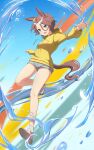  150ml 1girl animal_ears blue_eyes brown_hair full_body grey_shorts hair_between_eyes hood hooded_sweater horse_ears horse_girl leg_up long_sleeves looking_at_viewer narita_taishin_(umamusume) shoes short_hair short_shorts shorts socks solo sweater umamusume yellow_sweater 