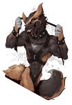  anthro bdsm bondage bound canid canine claws dominant fox fur hair hi_res kredri looking_at_viewer male mammal nude simple_background solo tail teeth_showing 