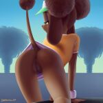  1:1 2023 anthro anus bottomless butt canid canine canis clothed clothing devo87 digital_media_(artwork) domestic_dog eyebrows female genitals hair half-closed_eyes hi_res looking_back mammal narrowed_eyes outside poodle pussy rear_view solo 