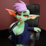  3d_(artwork) big_breasts breasts clothed clothing digital_media_(artwork) erintheorca female goblin green_body green_skin hair hi_res humanoid humanoid_pointy_ears looking_at_viewer not_furry pink_hair red_eyes short_stack simple_background solo suit 