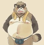  2023 anthro belly big_belly blush brown_body bulge canid canine crave_saga eyes_closed garouzuki hi_res kemono male mammal moobs navel nipples pong_(crave_saga) raccoon_dog simple_background solo tanuki towel towel_around_neck 