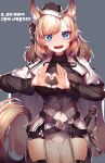  1girl animal_ears arknights belt black_belt black_headwear blonde_hair blue_eyes blush cape commentary_request cowboy_shot fangs grey_background grey_shirt heart heart_hands highres korean_text long_sleeves mwomwomwo nose_blush shirt simple_background solo standing tail thick_eyebrows translation_request whislash_(arknights) white_cape 
