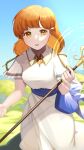  1girl absurdres blue_sky cowboy_shot dress fire_emblem fire_emblem:_genealogy_of_the_holy_war gem highres holding holding_staff ikura_(downdexp) jewelry lana_(fire_emblem) looking_at_viewer open_mouth orange_hair outdoors short_hair short_sleeves sky smile solo staff white_dress yellow_eyes 