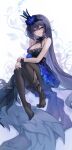  1girl absurdres bare_shoulders barefoot black_dress black_headwear black_pantyhose blue_theme breasts dress feet hair_between_eyes highres honkai_(series) honkai_impact_3rd long_hair multicolored_hair pantyhose seele_vollerei seele_vollerei_(herrscher_of_rebirth) smile very_long_hair yelan_xing_xuan 