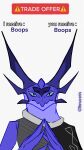  absurd_res antennae_(anatomy) anthro bat_nose blue_eyes cloak clothing hands_together hi_res kylthe_(novaconis) looking_at_viewer male meme novaconis purple_body sabre_(novaconis) trade_offer 
