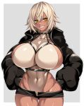  1girl absurdres arms_behind_back black_jacket blonde_hair breasts chest_harness dark-skinned_female dark_skin hair_between_eyes harness highres huge_breasts hz_(666v) jacket legs_together leotard narrow_waist navel original short_hair short_shorts shorts smile yellow_eyes 