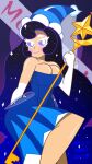  big_breasts big_butt big_hat black_hair blue_clothing blue_dress breast_squish breasts butt clothing cookie cookie_run detailed_background dress female food hair hi_res humanoid long_hair moonlight_cookie not_furry sillynikoarts_(artist) solo space squish tight_clothing wide_hips 