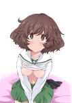  1girl akiyama_yukari arms_between_legs blush breasts bright_pupils brown_eyes brown_hair closed_mouth clothes_lift collarbone cowboy_shot cowlick cross dot_nose girls_und_panzer green_skirt hair_between_eyes hazuki_haru highres inverted_nipples long_sleeves looking_at_viewer medium_breasts medium_hair messy_hair miniskirt navel nipples no_bra on_bed ooarai_school_uniform pleated_skirt puffy_nipples sailor_collar school_uniform shirt shirt_lift sitting skirt solo split_mouth swept_bangs wavy_mouth white_background white_sailor_collar white_shirt 