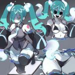  1girl bikini black_bikini black_sleeves breasts detached_arm detached_legs ghost ghost_miku_(project_voltage) glitch glowing_neckwear grey_shirt hatsune_miku highres multiple_views pale_skin pokemon print_sleeves project_voltage rakeemspoon see-through see-through_skirt shirt skirt sleeves_past_fingers sleeves_past_wrists stomach string_bikini swimsuit thighhighs vocaloid will-o&#039;-the-wisp_(mythology) yellow_eyes 