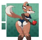  absurd_res anthro apple bent_over big_butt blush blush_lines butt canid canine clothing female fleet_(dungeons_of_aether) food fox fruit hi_res iniquity leotard looking_at_viewer looking_back mammal marcodile plant presenting presenting_hindquarters rivals_of_aether solo swimwear 