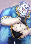  2023 anthro belly big_belly black_nose canid canine canis clothed clothing domestic_dog fur hi_res humanoid_hands kemono lifewonders live_a_hero male mammal overweight overweight_male solo sorbet_love underwear white_body white_fur yohack 