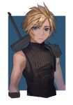  1boy armor black_sweater blonde_hair blue_eyes blurry blurry_background border closed_mouth cloud_strife cropped_torso final_fantasy final_fantasy_vii highres kofi-mo looking_at_viewer outside_border ribbed_sweater short_hair shoulder_armor sleeveless sleeveless_sweater solo sweater sword turtleneck turtleneck_sweater weapon weapon_on_back white_border 