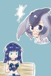 &gt;:) 2girls arm_behind_back bare_shoulders bench blowhole blue_background blue_eyes blue_hair blue_whale_(kemono_friends) blush blush_stickers bracer braid braided_sidelock chibi closed_mouth coelacanth_(kemono_friends) collarbone dark_blue_hair dorsal_fin fins furrowed_brow glasses gravi_pig4891 green_eyes grey_hair hair_between_eyes hairband head_fins highres kemono_friends long_hair midriff multicolored_hair multiple_girls on_bench open_mouth outline parody side_braid simple_background sitting smile stomach surprised twin_braids v-shaped_eyebrows white_outline yaranaika 