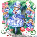  6+girls alice_margatroid alice_margatroid_(magician&#039;s_white_doll) alternate_costume black_footwear blonde_hair blue_bow blue_dress blue_eyes book bow capelet card carrying copyright copyright_name doll dress flower forest full_body game_cg hair_bow hat holding key light_rays long_hair looking_at_viewer multiple_girls mushroom nature outdoors pink_flower playing_card pocket_watch rotte_(1109) scissors shanghai_doll short_hair third-party_source top_hat touhou touhou_lost_word tree watch white_capelet white_dress white_headwear 