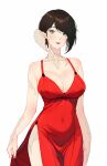  1girl au_ra avatar_(ff14) black_hair breasts cleavage cowboy_shot dragon_horns dress final_fantasy final_fantasy_xiv green_eyes highres horns large_breasts long_sleeves lyra-kotto red_dress scales short_hair side_slit smile solo standing white_background 