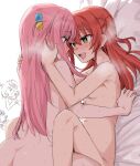  2girls ass bed blush bocchi_the_rock! completely_nude cube_hair_ornament gotou_hitori green_eyes hair_ornament heart heart-shaped_pupils highres ijichi_nijika kita_ikuyo long_hair looking_at_another multiple_girls nude open_mouth pink_hair red_hair sweat symbol-shaped_pupils teeth toriyarou upper_teeth_only yamada_ryou yellow_eyes yuri 
