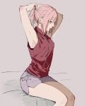  1girl armpits arms_up bare_legs breasts feet_out_of_frame haruno_sakura highres medium_breasts monochrome_background mouth_hold naruto_(series) pink_skirt rubber_band side_slit sitting skirt solo suzu_(tg_390) twitter_username tying_hair 