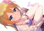  1girl aqua_eyes baba_konomi barefoot bench bikini blush bracelet breasts brown_hair cleavage commentary_request dated expressionless flower from_above hair_between_eyes hair_flower hair_ornament highres idolmaster idolmaster_million_live! idolmaster_million_live!_theater_days ima_(lm_ew) jewelry legs long_hair looking_at_viewer looking_up medium_breasts necklace purple_bikini see-through see-through_shirt shirt short_sleeves side_ahoge sidelocks signature sitting solo swimsuit thighs toes white_background white_shirt 