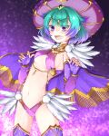  1girl aqua_eyes breasts capelet earrings fate/grand_order fate_(series) fingerless_gloves fingernails gloves hat hazuki-a highres jewelry locusta_(fate) navel pointy_ears purple_background purple_eyes sharp_teeth small_breasts teeth thighhighs 