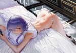  1girl ass bangs bed blush breasts butt_crack clothes_pull crop_top hair_between_eyes long_hair looking_back lying masaki_(ekakiningen) micro_panties object_hug on_stomach original panties pillow pillow_hug purple_eyes purple_hair shirt skirt skirt_pull solo sweat thighs underwear white_shirt 