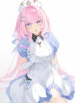  1girl :d apron artist_name blue_eyes breasts chinese_commentary commentary dress elf elysia_(honkai_impact) frills gloves hair_ornament hat highres holding holding_syringe honkai_(series) honkai_impact_3rd large_breasts long_hair looking_at_viewer nurse nurse_cap open_mouth pink_hair pink_pupils pointy_ears puffy_short_sleeves puffy_sleeves short_sleeves simple_background sitting smile solo symbol-shaped_pupils syringe white_background white_dress white_gloves white_headwear yukiri_(l_ii) 