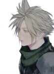  1boy 9ibem armor blonde_hair blue_eyes cloud_strife crisis_core_final_fantasy_vii expressionless facing_to_the_side final_fantasy final_fantasy_vii green_scarf looking_down male_focus pauldrons scarf shinra_infantry_uniform short_hair shoulder_armor simple_background solo spiked_hair upper_body white_background 