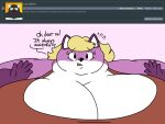  2018 4:3 5_fingers anthro ask_blog batspid2 big_breasts black_eyebrows black_eyelashes black_eyes black_nose blonde_hair breasts brown_clothing brown_topwear canid canine cleavage clothed clothing crop_top dialogue digital_drawing_(artwork) digital_media_(artwork) double_chin ear_markings english_text eva_(batspid2) exclamation eyebrow_through_hair eyebrows facial_markings female fingers flat_colors fox front_view glistening glistening_eyes glistening_nose gloves_(marking) hair head_markings huge_breasts hyper hyper_breasts mammal markings mature_anthro mature_female nervous obese obese_anthro obese_female overweight overweight_anthro overweight_female shirt simple_background solo text topwear translucent translucent_hair 