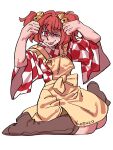  1girl absurdres apron bell brown_footwear checkered_clothes checkered_kimono clothes_writing commentary eddybird55555 hair_bell hair_ornament highres japanese_clothes kimono looking_at_viewer motoori_kosuzu orange_eyes red_hair short_hair simple_background solo tongue tongue_out touhou two_side_up white_background yellow_apron 