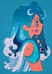  1girl absurdres blue_background blue_hair constellation crescent_moon cropped_torso crying crying_with_eyes_open full_moon gibbous_moon half_moon highres liquid liquid_hair long_hair meyoco moon moon_phases original profile simple_background solo sparkle star_(sky) tears upper_body 