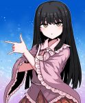  1girl black_hair blunt_bangs blush brown_eyes collared_shirt fingernails formicid frilled_shirt_collar frilled_sleeves frills houraisan_kaguya japanese_clothes long_hair long_sleeves parted_lips pink_shirt red_skirt shirt sidelocks skirt solo touhou tsuki_ni_kawatte_oshioki_yo wide_sleeves 