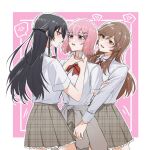  3girls amaori_renako anger_vein black_hair bow braid brown_eyes brown_hair heart highres koto_satsuki long_hair looking_at_another medium_hair multiple_girls pink_background pink_hair purple_eyes red_eyes school_uniform sena_ajisai simple_background skirt smile spoken_anger_vein spoken_blush spoken_heart strangling user_hnkd8453 watashi_ga_koibito_ni_nareru_wake_naijan_murimuri yuri 