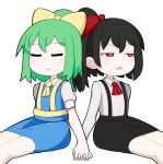  2girls ascot black_hair black_skirt blue_skirt blue_vest blush bow bright_pupils closed_eyes closed_mouth collared_shirt commentary_request cookie_(touhou) daiyousei diyusi_(cookie) feet_out_of_frame flat_chest green_hair hair_bow high-visibility_vest holding_hands hospital_king long_sleeves medium_bangs medium_hair multiple_girls open_mouth ponytail red_ascot red_bow red_eyes shirt short_sleeves simple_background sitting siyudi_(cookie) skirt suspender_skirt suspenders touhou vest white_background white_pupils white_shirt yellow_ascot yellow_bow 