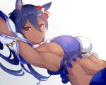  1girl animal_ears arm_up armpits black_hair blue_shirt breasts closed_mouth commentary_request dark-skinned_female dark_skin dutch_angle ear_scrunchie hair_between_eyes highres hishi_amazon_(umamusume) horse_ears horse_girl large_breasts long_hair looking_at_viewer midriff navel red_eyes sawara_noa shirt sideboob simple_background smile solo two-tone_shirt umamusume white_background white_shirt 