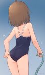  1girl adjusting_clothes adjusting_swimsuit ahoge artist_name ass blue_background breasts brown_hair centi_mnkt cowboy_shot gradient_background highres holding holding_hose hose light_blue_background new_school_swimsuit one-piece_swimsuit original school_swimsuit short_hair simple_background small_breasts standing swimsuit twitter_username water_drop 