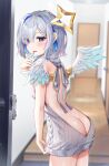  1girl amane_kanata angel_wings aran_sweater backless_outfit bare_back bare_shoulders blue_hair blurry blurry_background blush bu_leike butt_crack cable_knit commentary_request feathered_wings finger_to_mouth grey_hair grey_sweater halo highres hololive looking_at_viewer medium_hair meme_attire multicolored_hair naked_sweater open_door open_mouth pink_hair purple_eyes sidelocks sleeveless sleeveless_sweater solo star_halo streaked_hair sweater turtleneck turtleneck_sweater virgin_killer_sweater virtual_youtuber white_wings wings 