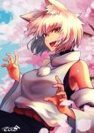  1girl absurdres animal_ear_fluff animal_ears bare_shoulders cherry_blossoms commission detached_sleeves equality_taira fang highres inubashiri_momiji looking_at_viewer open_mouth outdoors red_eyes shirt short_hair skeb_commission sleeveless sleeveless_shirt smile solo touhou white_hair wolf_ears wolf_girl 