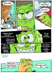  anthro clothed clothing comic dialogue duo facial_hair fan_character greenie_(pancaketiffy) hair hand_holding hi_res lidded_eyes male marine nickelodeon pancaketiffy robert_(pancaketiffy) sea_sponge sharp_teeth spanish_text speech_bubble spongebob_squarepants teeth text toony toothy_grin translation_check translation_request 